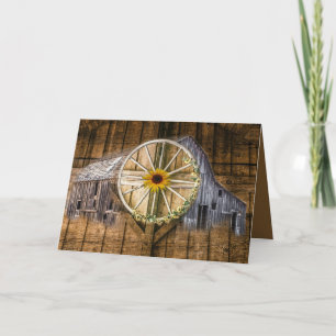Rustic Barn Wagon Wheel Sunflower Holiday Card