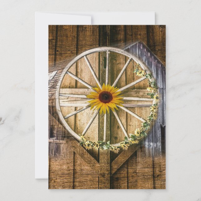 Rustic Barn Wagon Wheel Sunflower Holiday Card (Front)