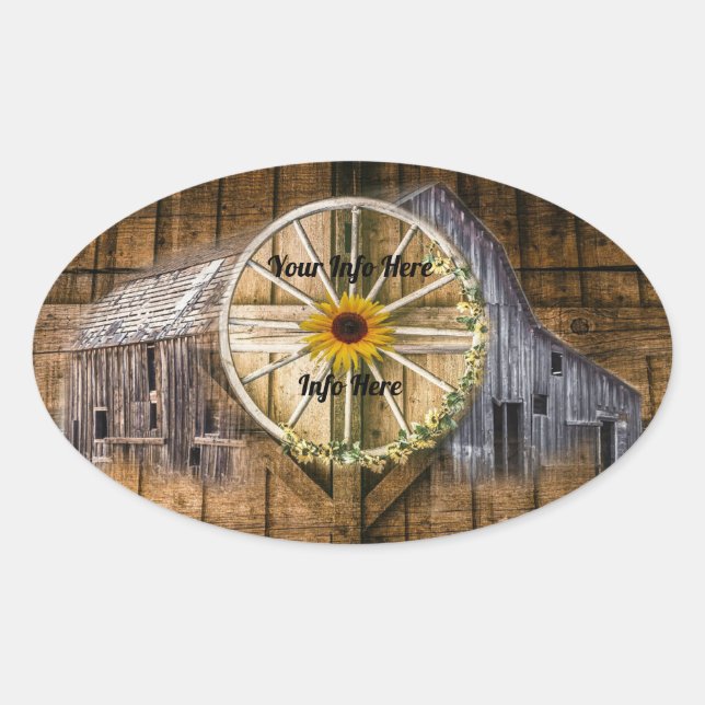 Rustic Barn Wagon Wheel Sunflower Oval Sticker (Front)