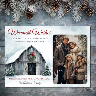 Rustic Barn Warmest Wishes Farm Christmas Photo Holiday Card
