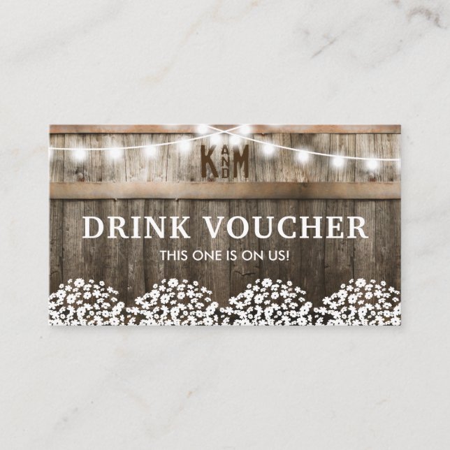 Rustic Barn Wedding Free Drinks Voucher Business Card (Front)
