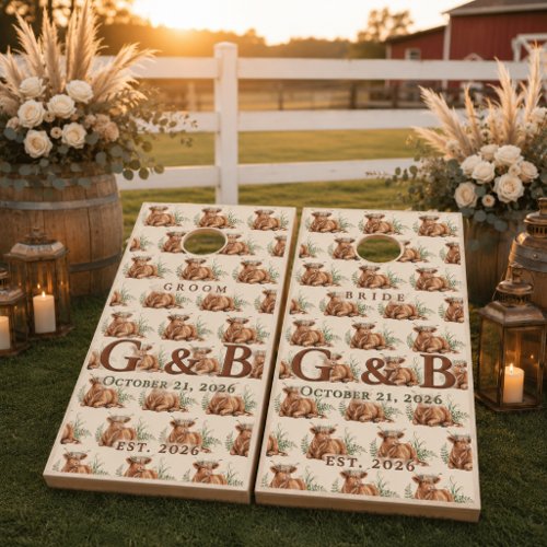 Rustic Barn Wedding Highland Cow Custom Monogram Cornhole Set
