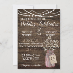 Rustic Barn Wedding Pink Mason Jar Babys Breath In Invitation