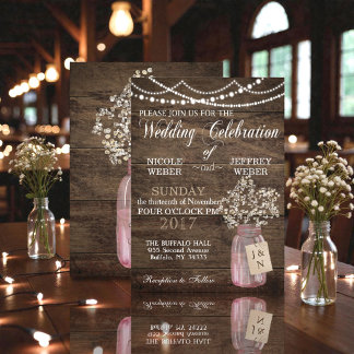 Rustic Barn Wedding Pink Mason Jar Babys Breath Invitation