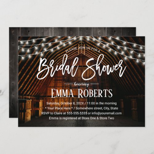 Rustic Barn Wedding String Lights Bridal Shower Invitation