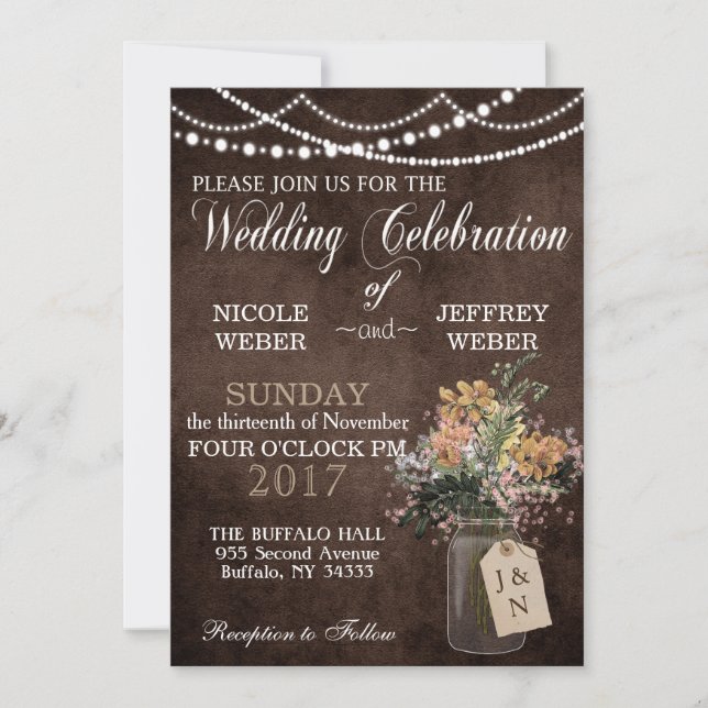 Rustic Barn Wedding String Lights Mason Jar Invitation (Front)