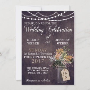 Rustic Barn Wedding String Lights Mason Jar Invitation