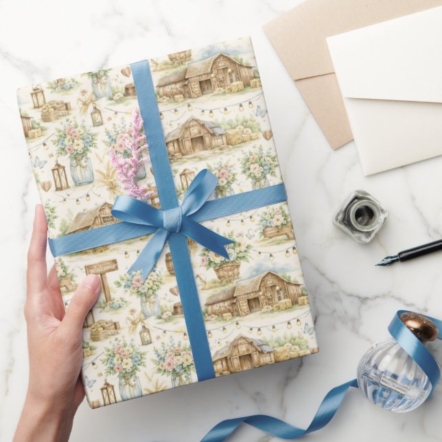 Rustic Barn Wedding Watercolor Pattern Wrapping Paper (Gifting)