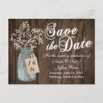 Rustic Barn Wedding Wood Mason Jar Babys Breath Announcement Postcard by My_Wedding_Bliss at Zazzle