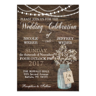 Rustic Barn Wedding Wood Mason Jar Babys Breath Card