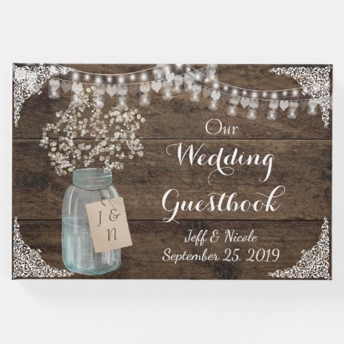 Rustic Barn Wedding Wood Mason Jar Babys Breath Guest Book