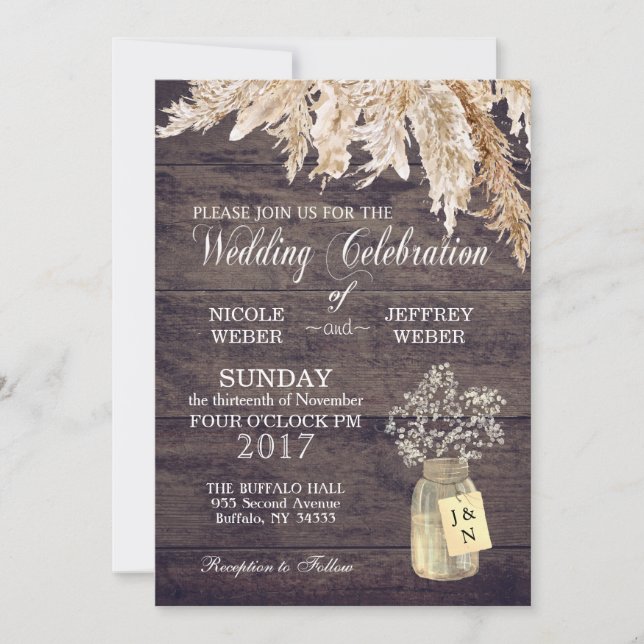 Rustic Barn Wedding Wood Mason Jar Babys Breath In Invitation (Front)