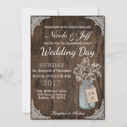 Rustic Barn Wedding Wood Mason Jar Babys Breath Invitation