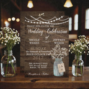 Rustic Barn Wedding Wood Mason Jar Babys Breath Invitation