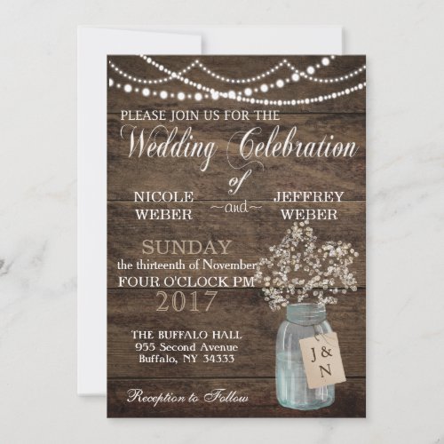 Rustic Barn Wedding Wood Mason Jar Babys Breath Invitation