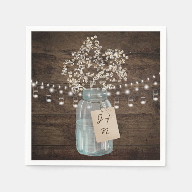 Rustic Barn Wedding Wood Mason Jar Babys Breath Napkins (Front)