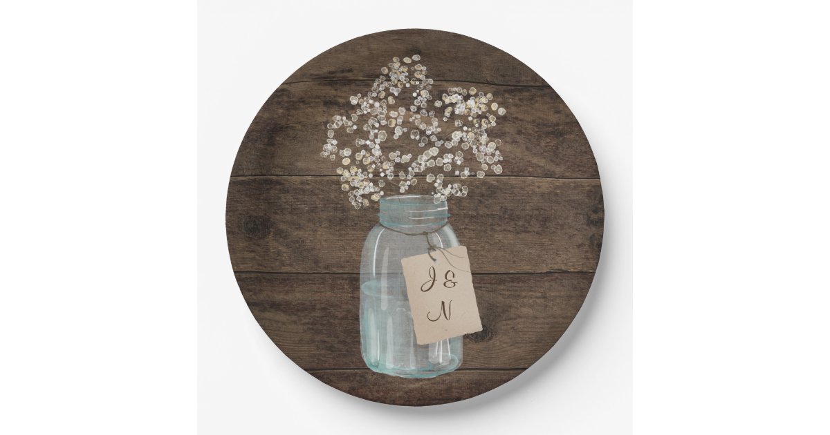 Rustic Barn Wedding Wood Mason Jar Babys Breath Paper Plate | Zazzle.com