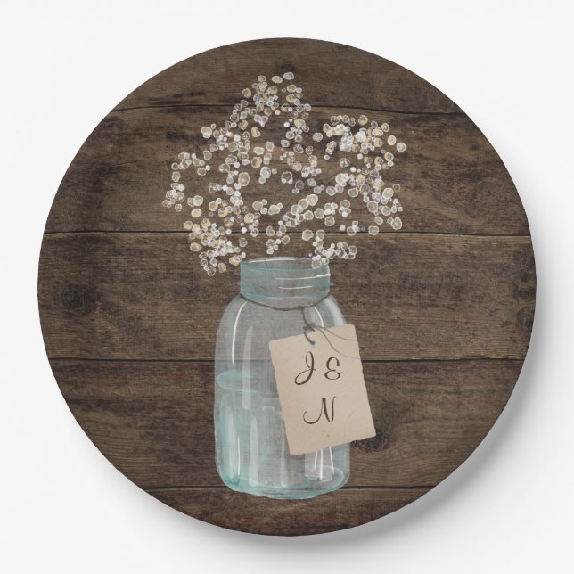 Rustic Barn Wedding Wood Mason Jar Babys Breath Paper Plates (Front)