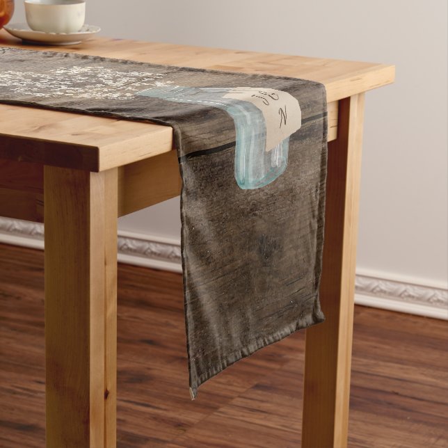 Rustic Barn Wedding Wood Mason Jar Babys Breath Short Table Runner (In Situ)