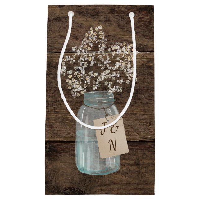 Rustic Barn Wedding Wood Mason Jar Babys Breath Small Gift Bag (Front)