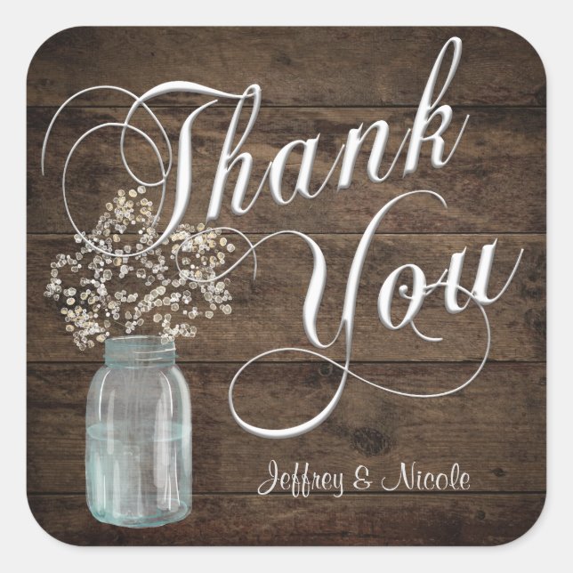 Rustic Barn Wedding Wood Mason Jar Babys Breath Square Sticker (Front)