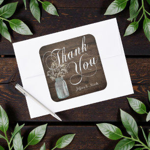 Rustic Barn Wedding Wood Mason Jar Babys Breath Square Sticker