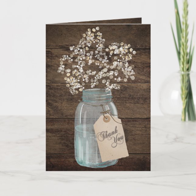 Rustic Barn Wedding Wood Mason Jar Babys Breath Thank You Card (Front)