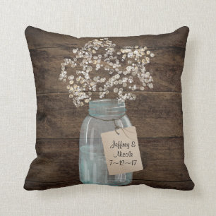 Rustic Barn Wedding Wood Mason Jar Babys Breath Throw Pillow