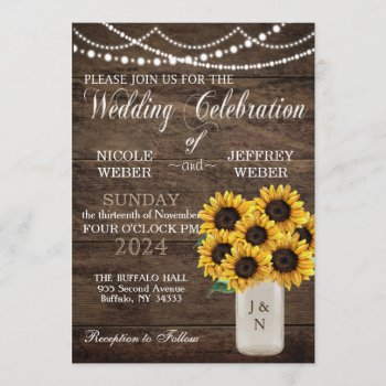 Rustic Barn Wedding Wood Mason Jar Sunflower Invitation by My_Wedding_Bliss at Zazzle