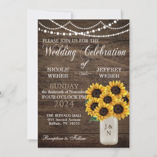Rustic Barn Wedding Wood Mason Jar Sunflower Invitation