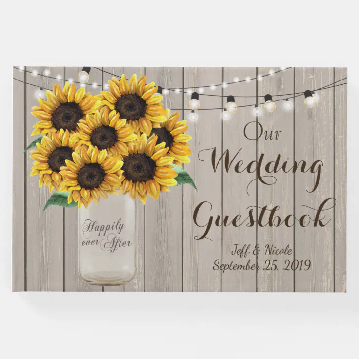 Rustic Barn Wedding Wood Mason Jar Sunflowers Guest Book Zazzle