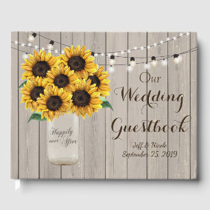 Rustic Barn Wedding Wood Mason Jar Sunflowers Guest Book