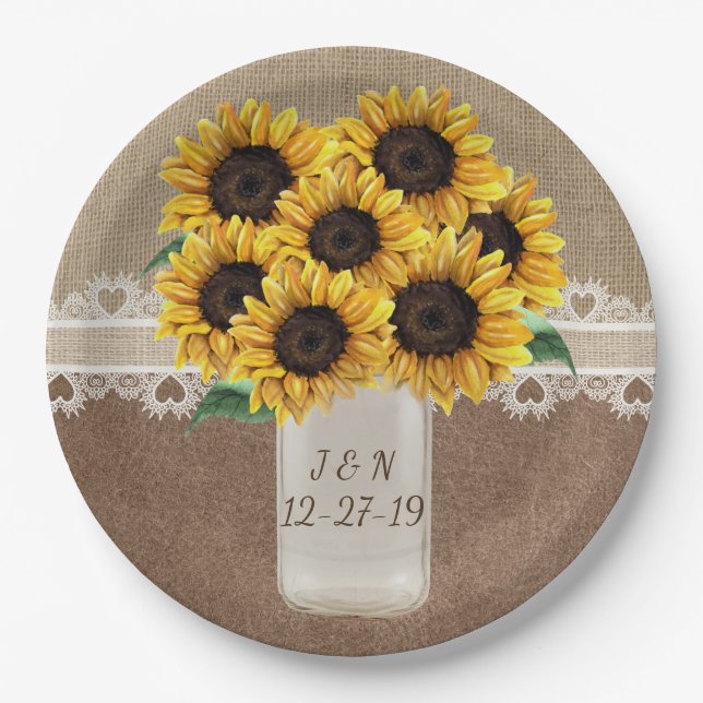 Rustic Barn Wedding Wood Mason Jar Sunflowers Paper Plates (Front)