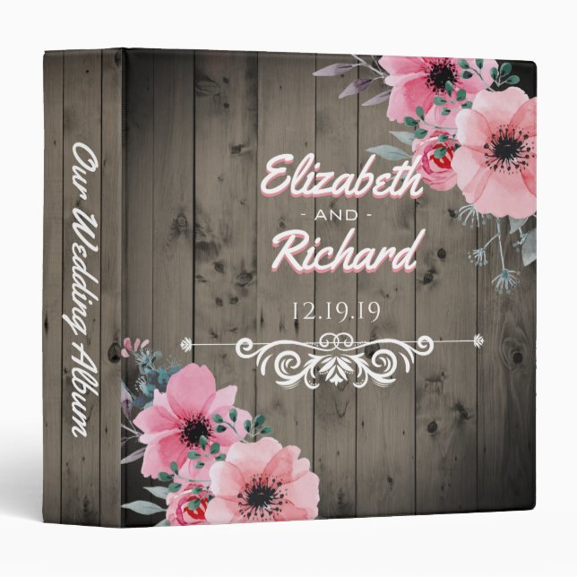 Rustic Barn Wedding Wood Pink Floral Monogram Binder (Front/Spine)