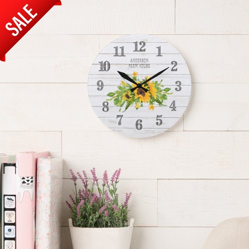 Rustic Barn White Grey Wood Sunflowers Kitchen Large Clock
