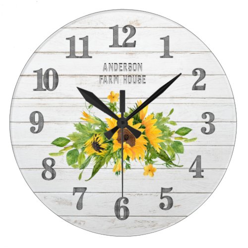 Rustic Barn White Grey Wood Sunflowers Kitchen Large Clock
