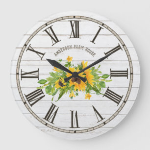 Rustic Barn White Grey Wood Sunflowers Kitchen Large Clock