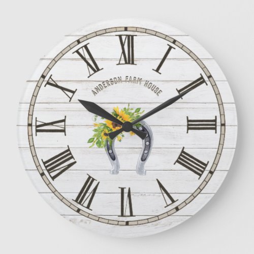 Rustic Barn White Wood Sunflowers Horseshoe Large Clock