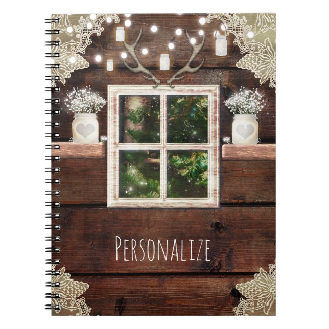 Rustic Barn Window Tree & Mason Jar Country Custom Notebook (Front)