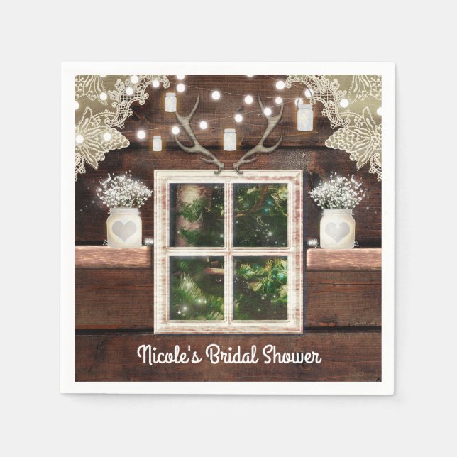 Rustic Barn Window Tree & Mason Jar Wedding Paper Napkins (Front)