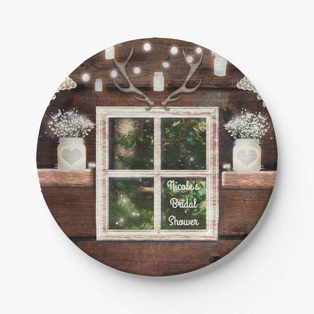 Rustic Barn Window Tree & Mason Jar Wedding Paper Plates (Front)