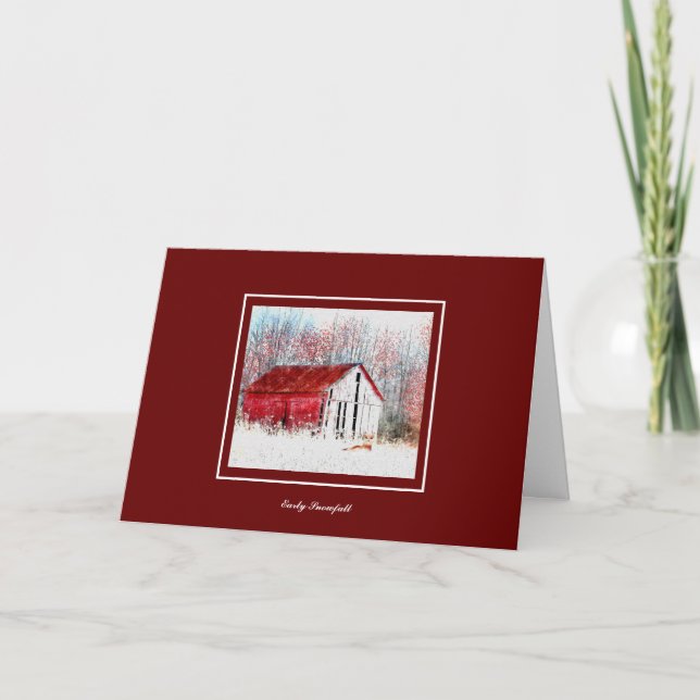 Rustic Barn with Red Fox Snow Scene Holiday Card (Front)