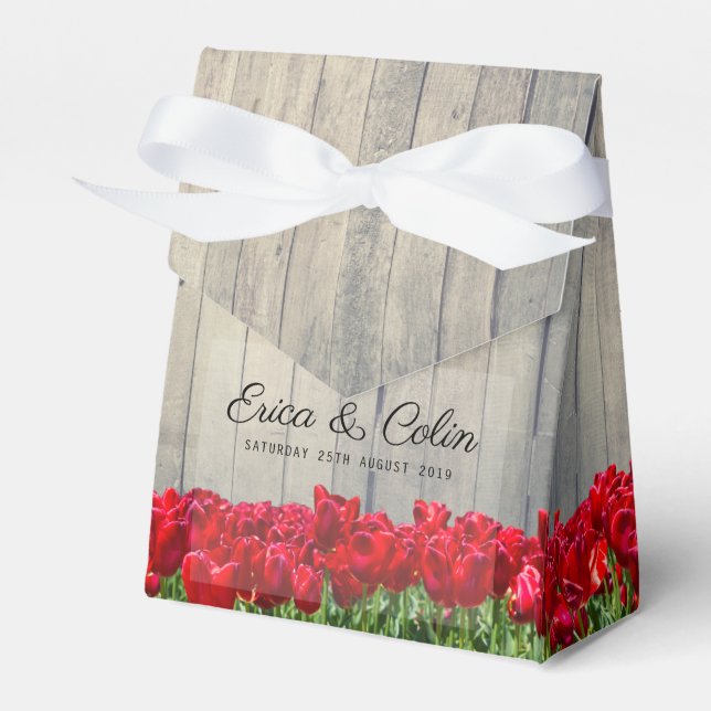 Rustic barn with red tulips favor boxes (Front Side)