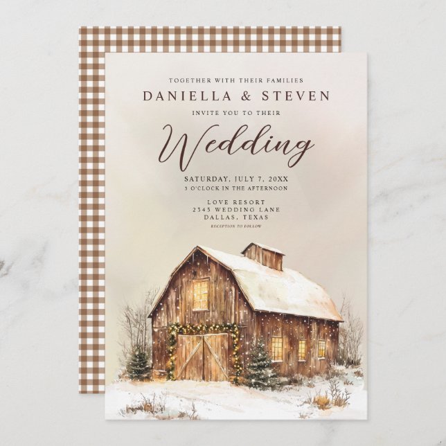 Rustic Barn with Winter Snow Wedding Invitation (Front/Back)