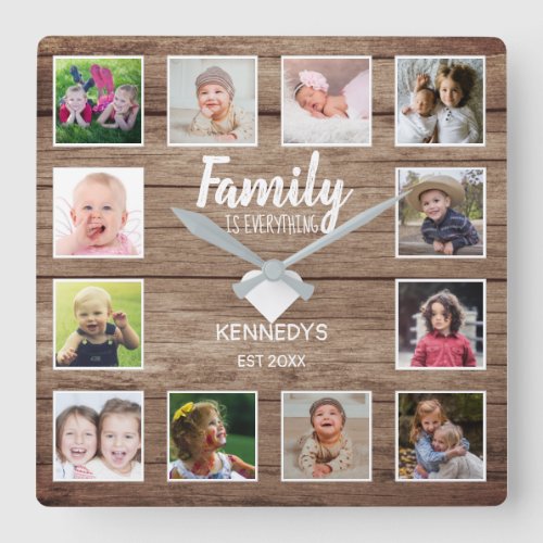 Rustic Barn Wood 12 Photo Collage Family Quote Square Wall Clock