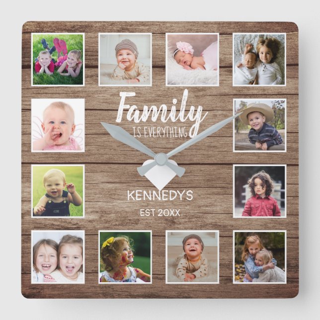 Rustic Barn Wood 12 Photo Collage Family Quote Square Wall Clock (Front)