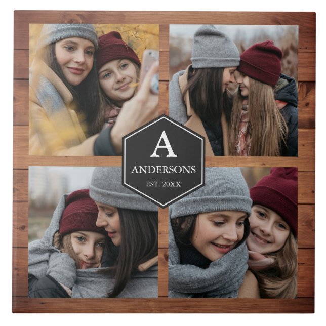 Rustic Barn Wood 4 Pictures Family Photo Collage Ceramic Tile (Front)