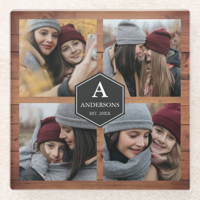 Rustic Barn Wood 4 Pictures Family Photo Collage Glass Coaster (Front)