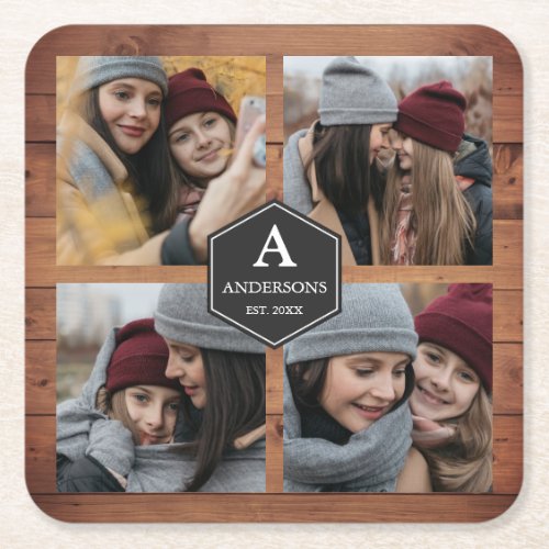 Rustic Barn Wood 4 Pictures Family Photo Collage Square Paper Coaster