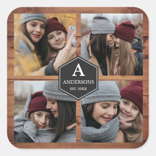 Rustic Barn Wood 4 Pictures Family Photo Collage Square Sticker